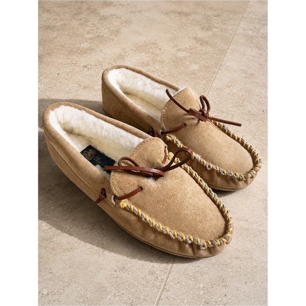 Oleg Cassini Moccasin Slipper Suede Faux Fur Bow Size 9 Tan Cozy Loungewear